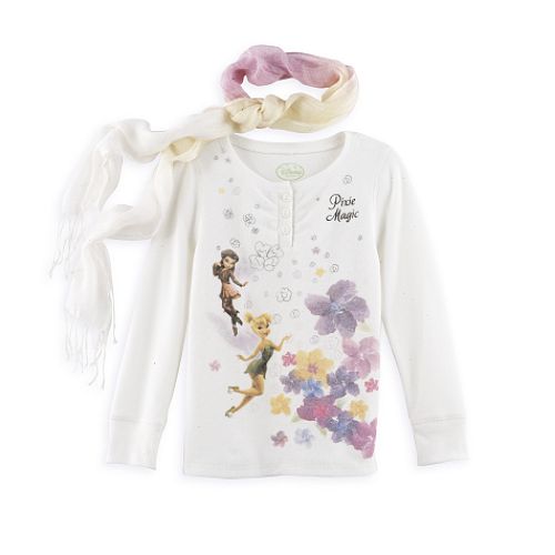 Disney Fairies Girl's 4-6x Long Sleeve Thermal Top with Ombre Scarf
