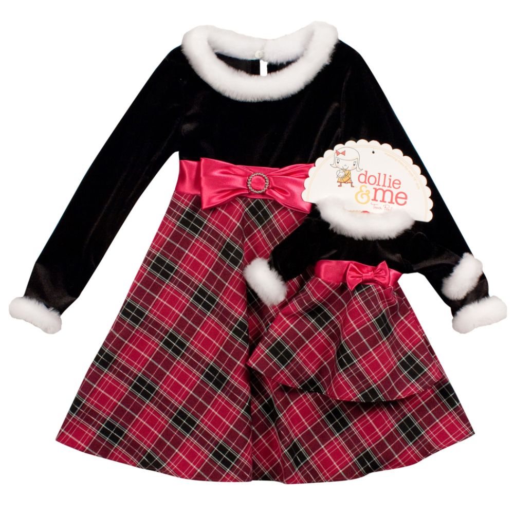 Dollie and Me Girl's 4-6x Long Sleeve Plaid Dress with Faux Fur Trim