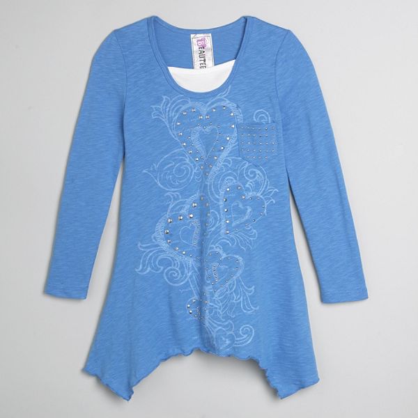 Beautees Girl's 7-16 Long Sleeve Sharkbite Hem Screen Top with Pocket