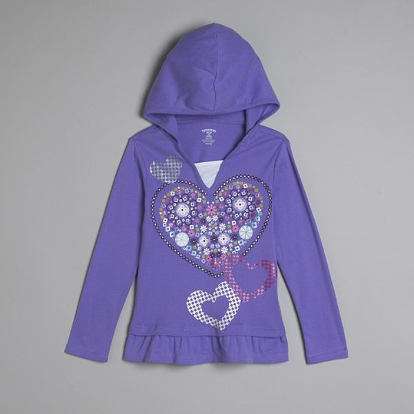 Toughskins Girl's 4-6x Long Sleeve Heart Print Hooded Ruffle Tunic Top