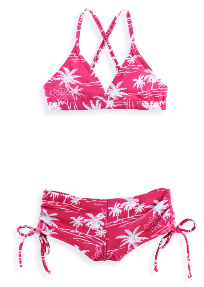 Malibu Kids Girl's 7-16 2-Piece Swimsuit - Cross Back Halter/Side Shirred Hot Pants