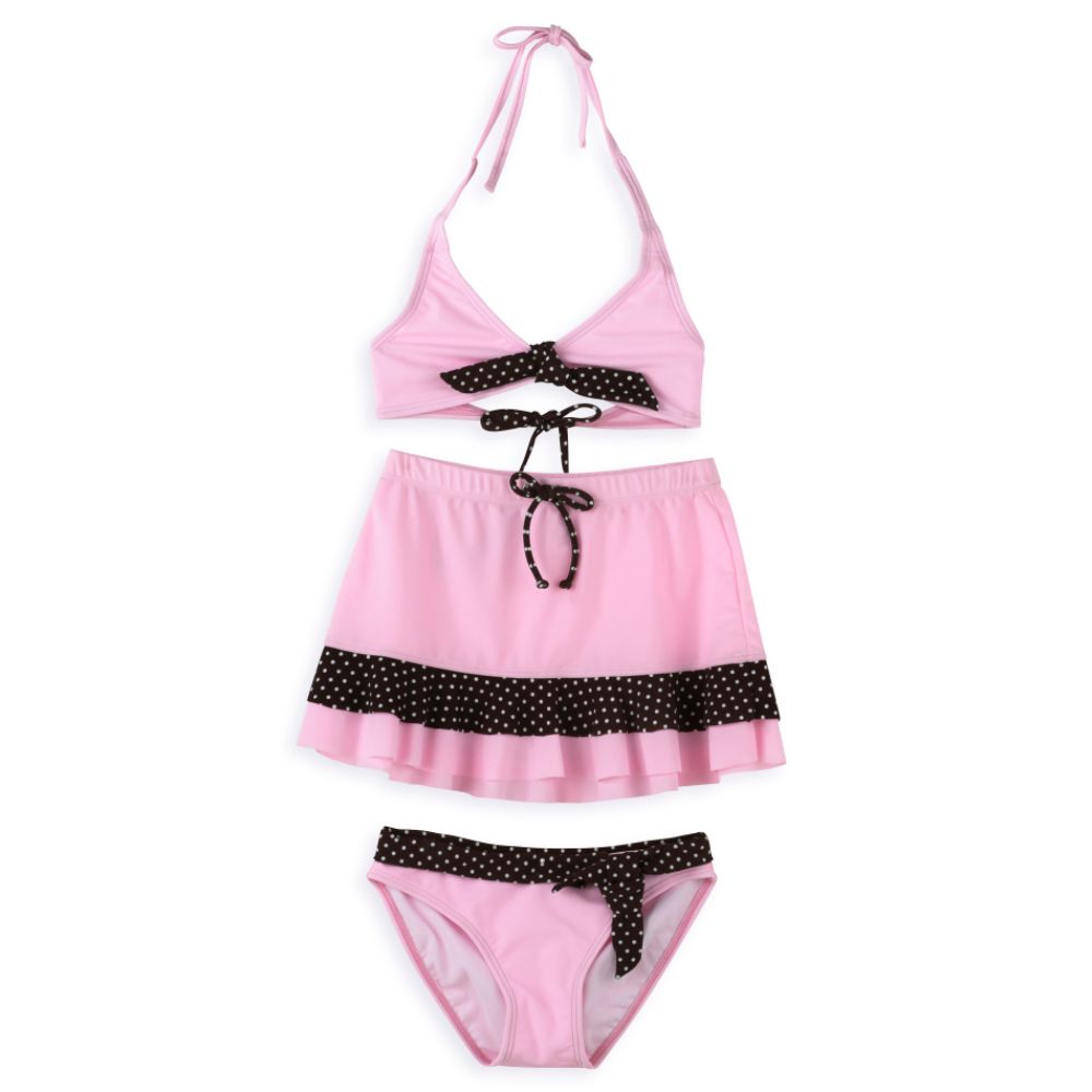 Malibu Kids Girl's 7-16 Halter Tie Bikini, One Side Tie Hipster Bottom, Ruffle Skirt, Polka Dot Print