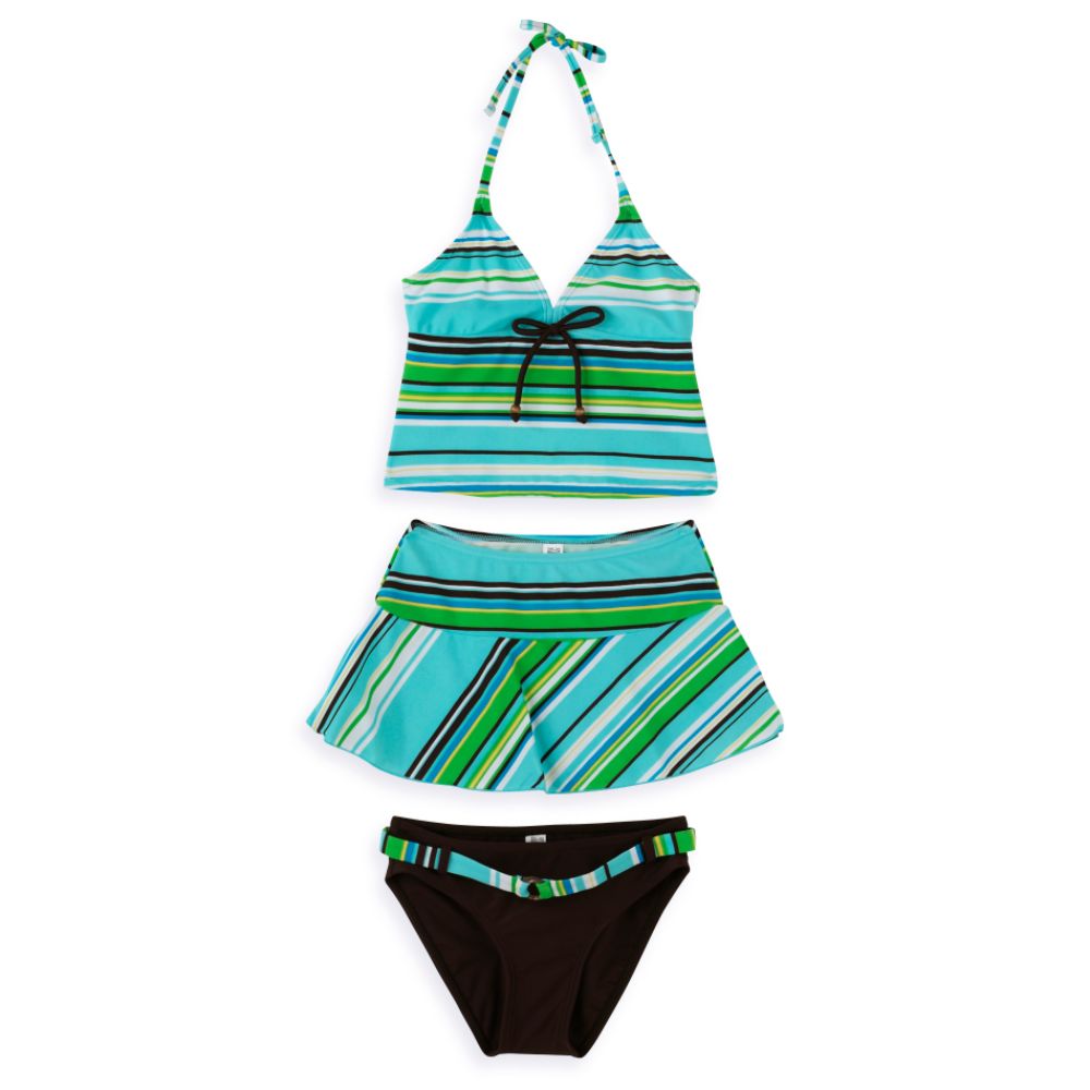Malibu Kids Girl's 7-16 2-Piece Halter Tankini with Belted Bottom, Flounce Skirt - Stripe Pattern