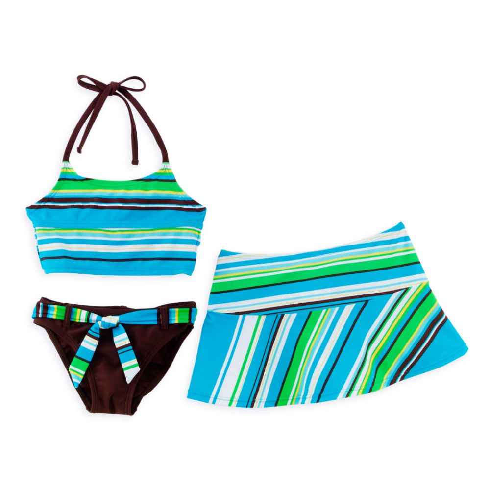 Malibu Kids Girl's 4-6X 3-Piece Striped Swimwear Set 2-Piece Apron Top Swimsuit, Belted Skirt