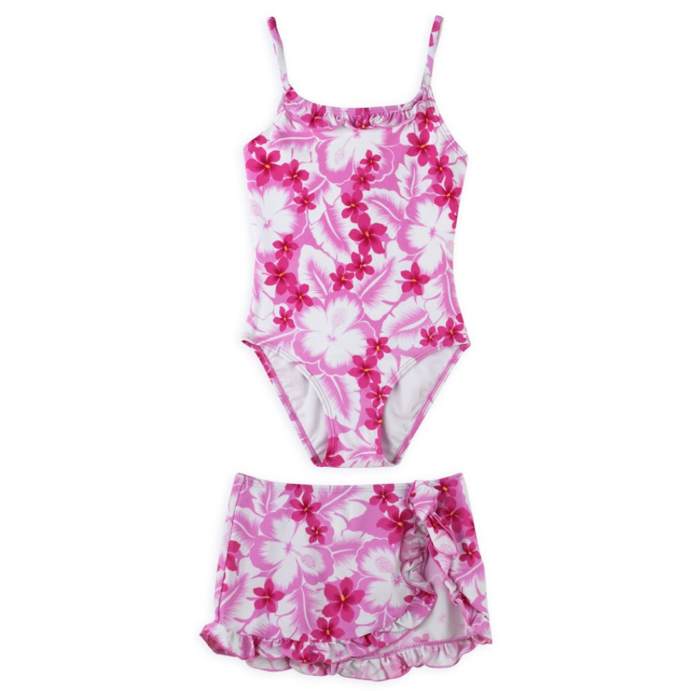 Malibu Kids Girl's 4-6X 2-Piece Floral Print Swimwear - 1-Piece Ruffle Neck, Ruffle Skirt with Tie