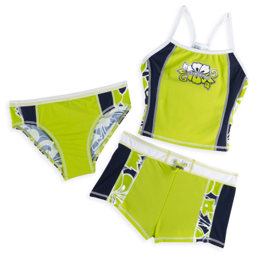 Zero Xposur Girl's 7-16 3-Piece Swimwear Set, 2-Piece Colorblock Tankini with Hibiscus Print, Shorts