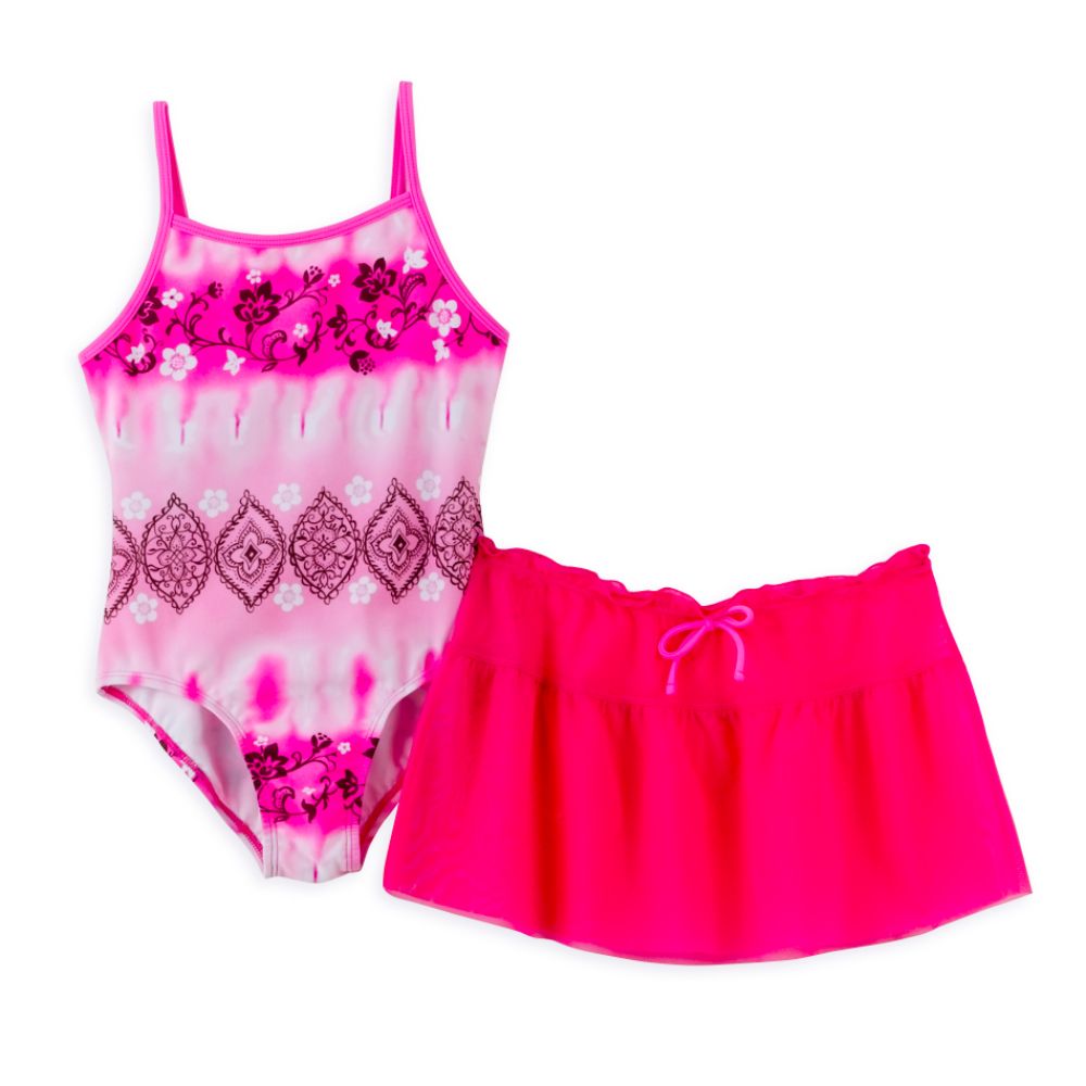 Beach Native Girl's 7-16 2-Piece Swimwear Set, 1-Piece Floral Print Swimsuit, Solid Ruffle Skirt