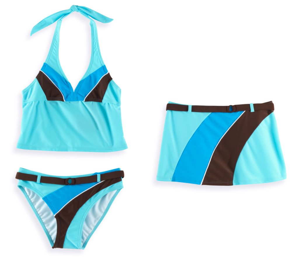 Malibu Kids Girl's 7-16 Swim Set, 2-Piece Colorblock Halterkini, Belted Hipster Bottoms, Belted Skirt