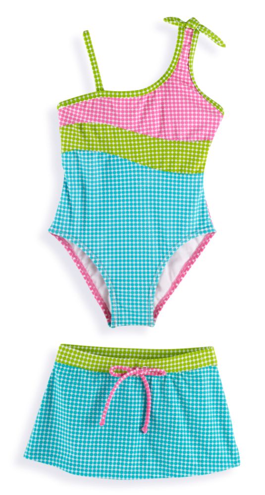 Malibu Kids Girl's 4-6X 1-Piece Colorblock One Shoulder Swimsuit and Skirt with Waistband and Faux Tie