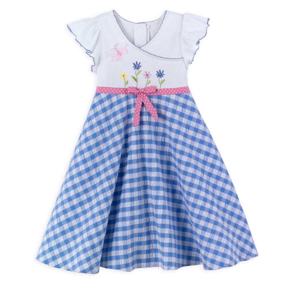 Youngland Girl's 4-6X Flutter Sleeve Sundress with Embroidered Flowers and Seersucker Skirt