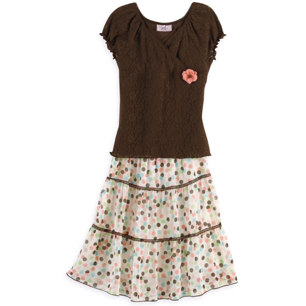 Zoey Heart Girl's 7-16 2-Pc Skirt Set Lace Surplus Top, 3-Tier Dot Print Chiffon Skirt