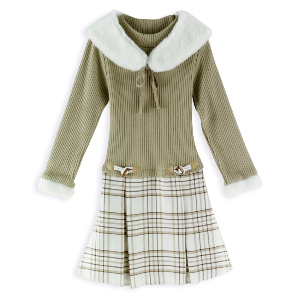 Youngland Girl's 4-6X Long Sleeve Drop Waist Dress, Mock Neck Top, Removable Faux Fur Collar