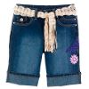 Denim Bermuda, Wide Hem, Floral Embroidery