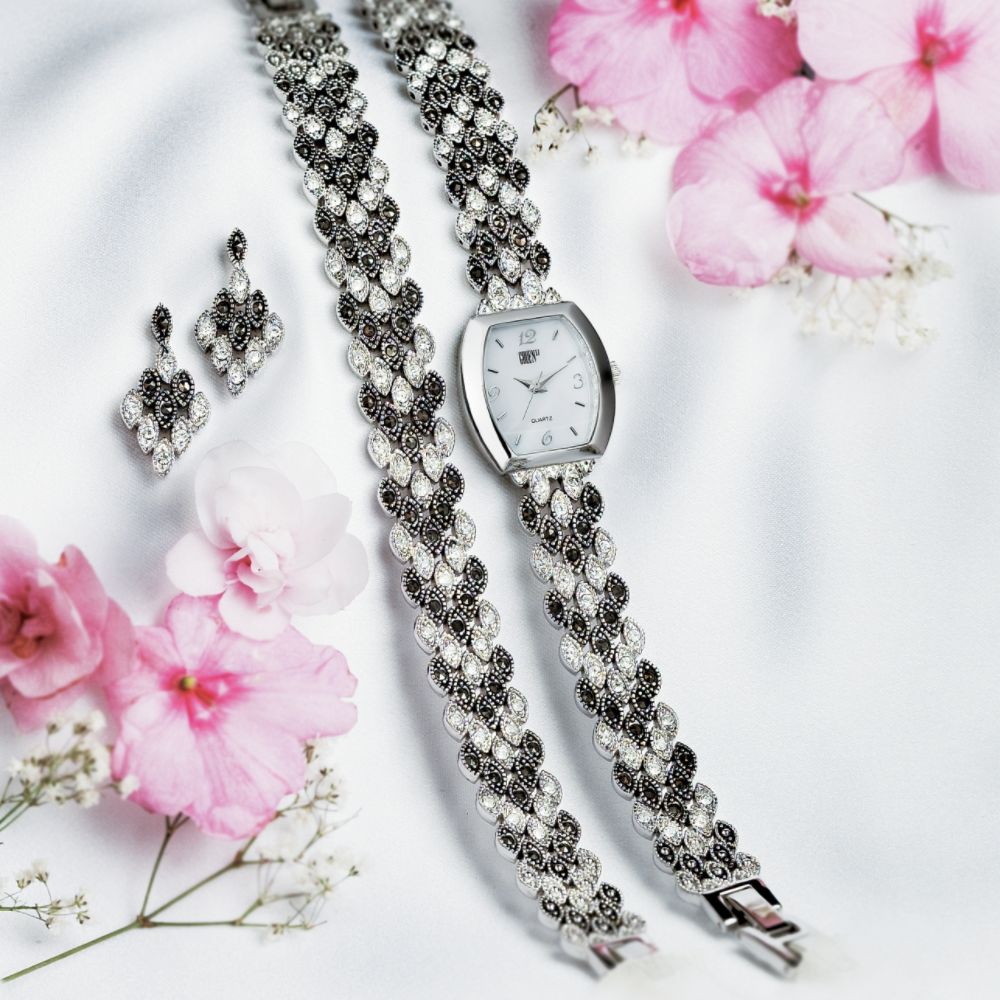 Gruen II Marcasite Watch, Bracelet and Pierced Earring Set