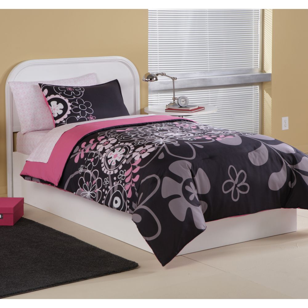 Colormate Twin XL Black/Pink Floral Microfiber Comforter Set