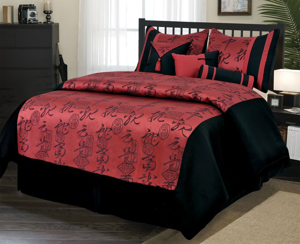 Black Bedding King on Asia Garden 7 Piece Jacquard King Comforter Set In Black And Red