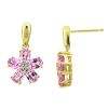 Lab Created Pink Sapphire and Diamond Flower Drop Earrings, 10K Yellow Gold