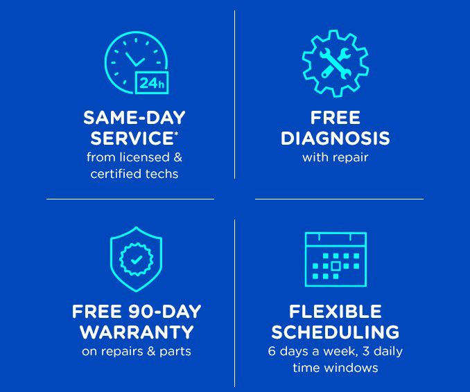 SAME-DAY SERVICE from licensed & certified techs | FREE DIAGNOSIS with repair | FREE 90-DAY WARRANTY on repairs & parts | FLEXIBLE SCHEDULING 6 days a week, 3 daily time windows